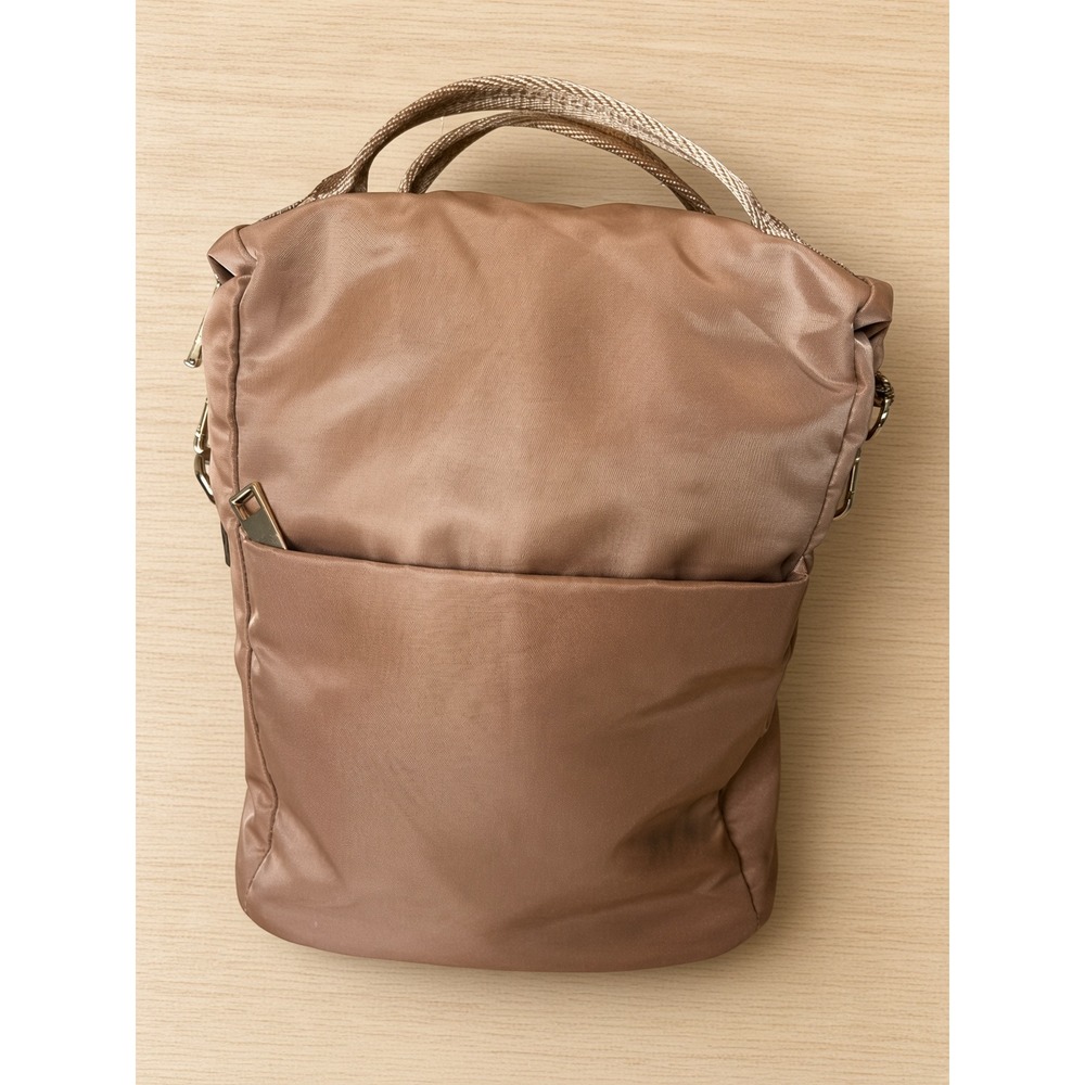 A New Day Bronze Tan Nylon Backpack Mini Square Bookbag Gold Hardware